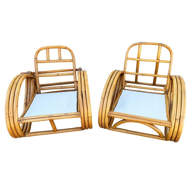 Mid-Century Modern 1950s Restored Mid-Century 3/4 Round Pretzel Arm Rattan Lounge Chair Set For Sale - Image 3 of 18