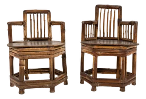19th Century Antique Chinese Hexagonal Bamboo Child's Arm Chairs—A Pair