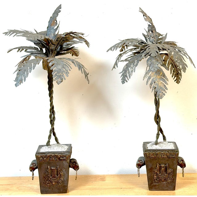 Pair Neoclassical Style Tole Palm Tree Topiaries, Attributed to Maitland-Smith This striking pair of Neoclassical-style...