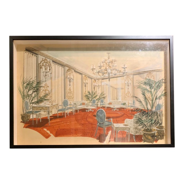 1960s Original William Simmons Framed Hand-Drawn Watercolor Rendering “The Salón” For Sale