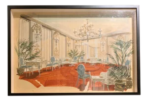 1960s Original William Simmons Framed Hand-Drawn Watercolor Rendering “The Salón”