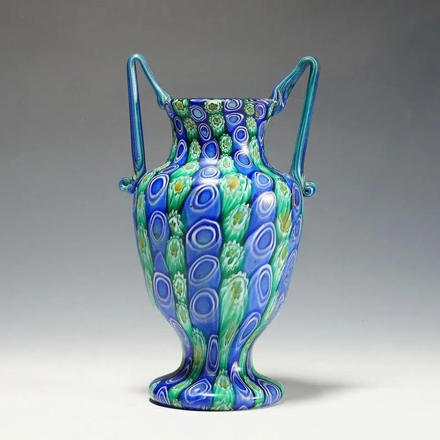 A large and rare millefiori murrine glass vase manufactured by Vetreria Fratelli Toso, Murano around 1910. Made of...
