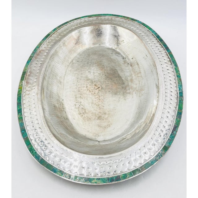 Emilia Castillo 1980s Massive Emilia Castillo Silver Plate & Malachite Taxco Serving Bowl, Hand Signed For Sale - Image 4 of 18