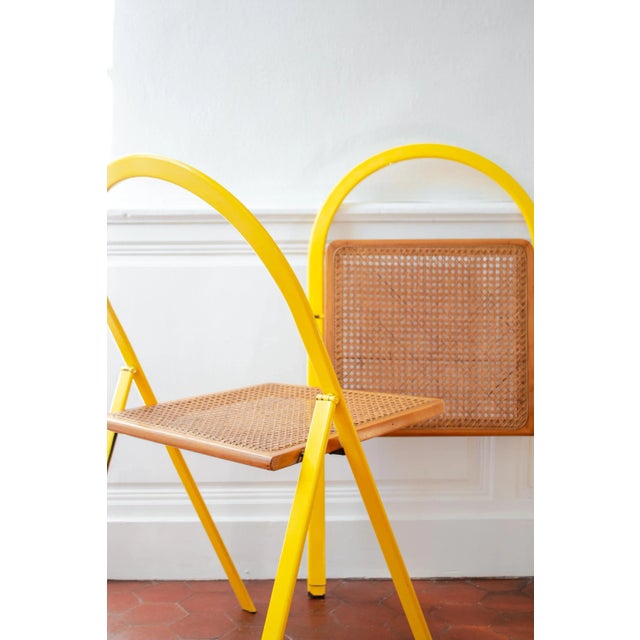 Vintage Folding Chairs in Yellow Lacquered Metal and Caning by Giorgio Cattelan for Cidue, 1970s, Set of 2 For Sale - Image 9 of 18