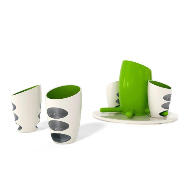 Pressure Collection Porcelain Cups with Bottle Tray by Giancarlo Zema for Bosa, Set of 6 For Sale - Image 6 of 6