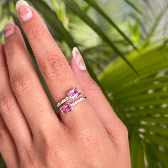 Edwarding Style 14k Gold 1.68 Ct Pink Sapphire Daimond Open Bypass Ring Size 5 For Sale - Image 10 of 14