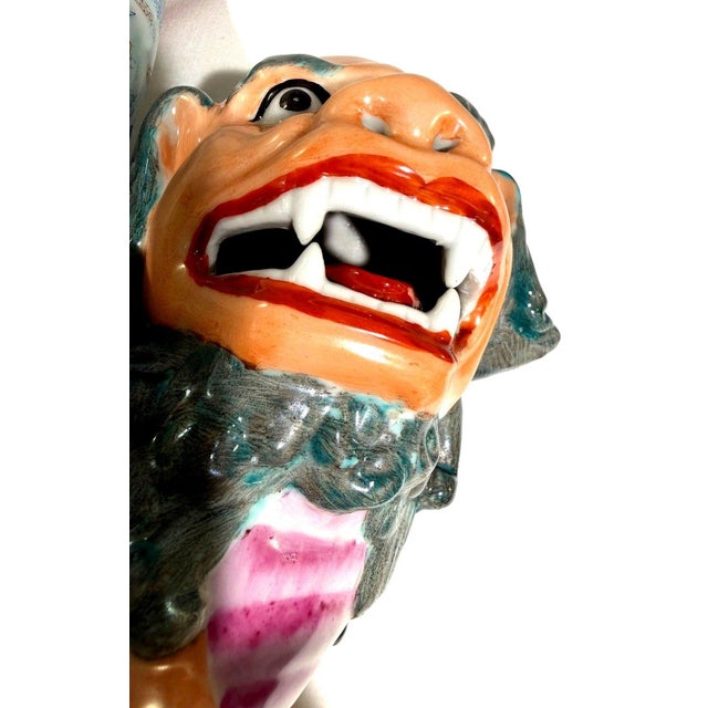 Wood Vintage Chinese Porcelain Immortal W/Child Riding Foo Lion Statue 15" Mark 082 For Sale - Image 7 of 16