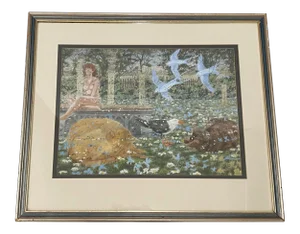 Vintage Day Dream Landscape With Nude, Cats & Birds by Morgan 20th C