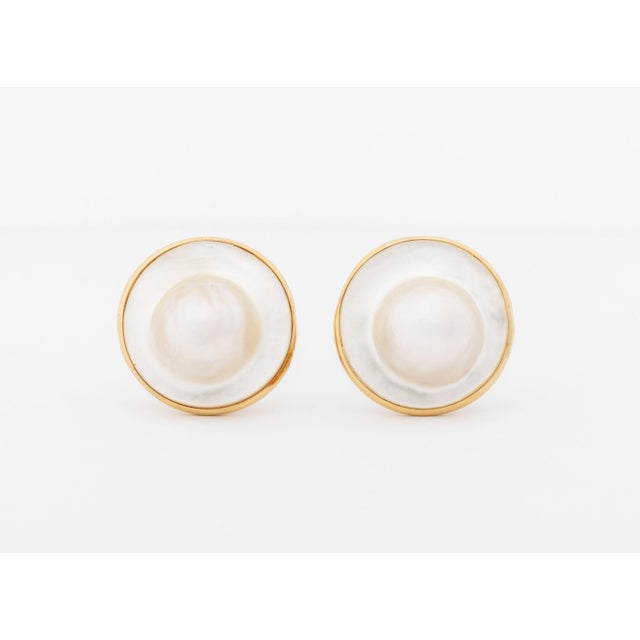 Modern Mabe Blister Pearl and 14k Yellow Gold Earrings For Sale - Image 4 of 8