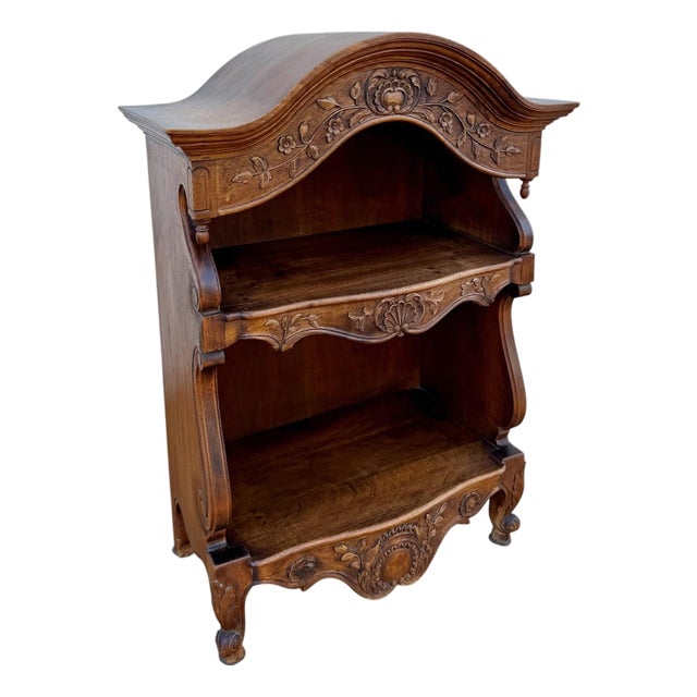 1950s Spanish Carved Wood Open Shelf With Floral Decoration For Sale