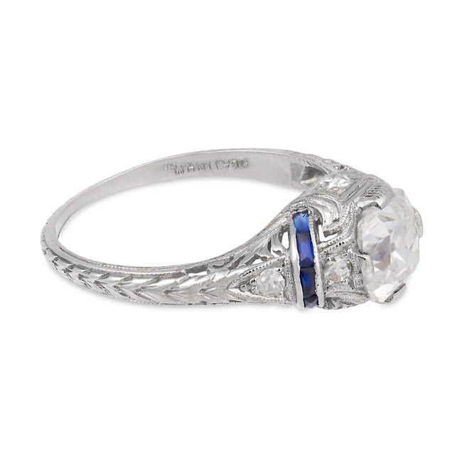 1930s 1930s Art Deco Gia 1.00 Carat Old Mine Cut Diamond Sapphire Engagement Ring, Size 5.5 For Sale - Image 5 of 8