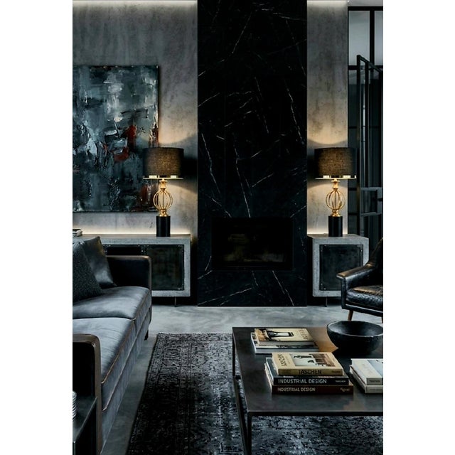 Karl Springer Vintage Tall Modern Black Metal Base Gold Leaf Sphere Brass Trim Table Lamps- A Pair For Sale - Image 4 of 7