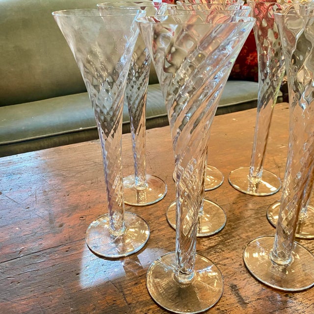 Vintage Hollow Stem Blown Glass Romanian Tall Champagne Flutes - Set of 8 For Sale - Image 4 of 10