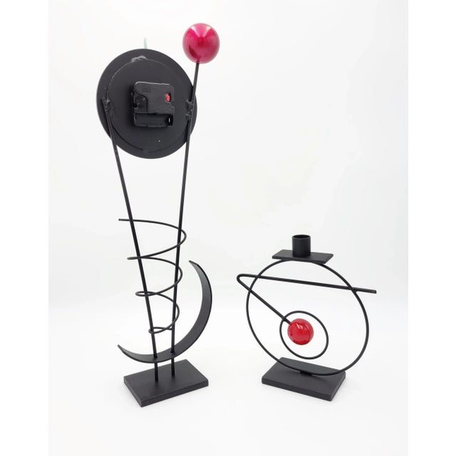 Metal Rick Martin Modern Memphis Pop Art Steel Clock & Candleholder Sculpture Set For Sale - Image 7 of 14