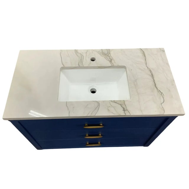 1960s Vintage Bow-Front Navy Blue Bathroom Vanity With Stone Top & Brass Hardware For Sale - Image 5 of 5