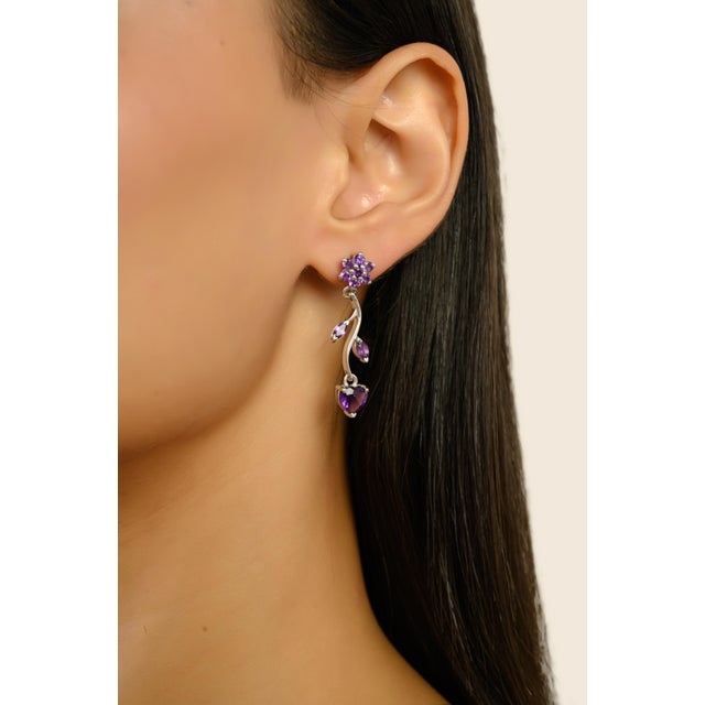 Metal Classic Leaf Style Amethyst Earrings in 925 Sterling Silver Two Piece by Carat&her For Sale - Image 7 of 12