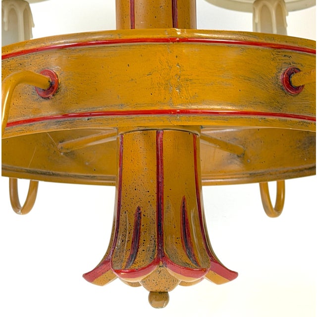 Mid 20th Century Hollywood Regency Ochre Japanned Faux Bamboo Tole Six-Light Chandelier For Sale In Greensboro - Image 6 of 18