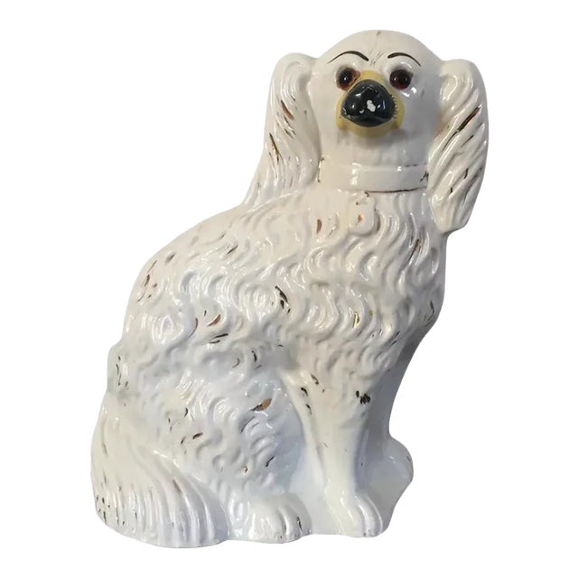 Large 19th Century English Victorian Staffordshire Pearlware Spaniel Dog with Glass Eyes For Sale