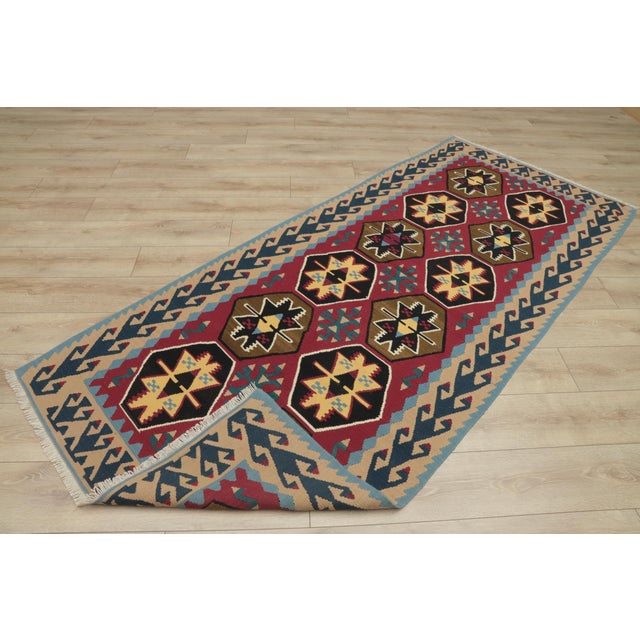 1970s Scandinavian Style Geometric Design Red Handmade Oushak Kilim Runner Rug For Sale - Image 11 of 12