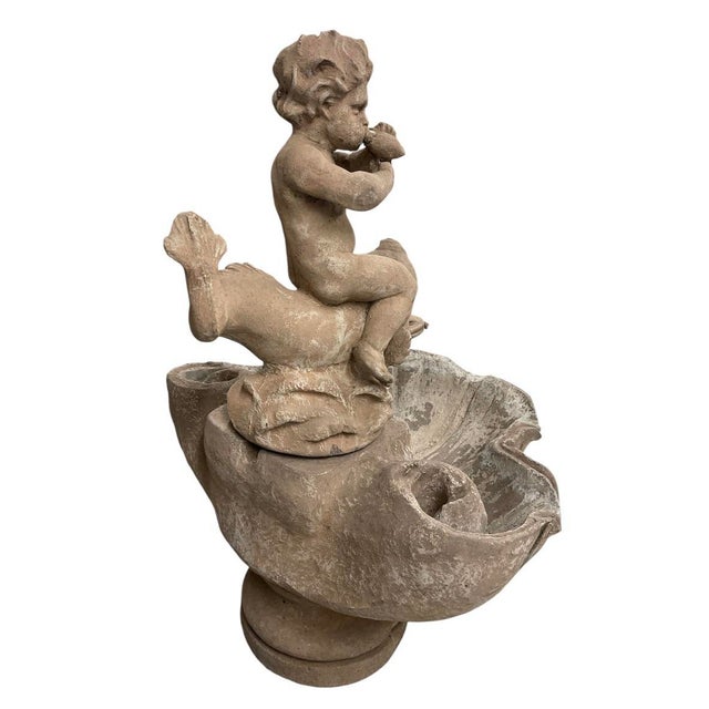 Stone Vintage Classical Cast Stone Cherub on Dolphin Garden Fountain For Sale - Image 7 of 12