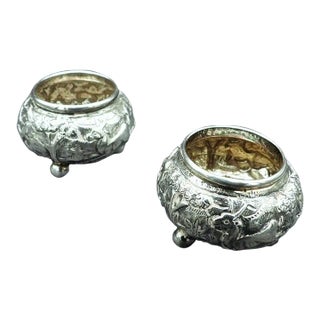 Vintage South East Asia Silver Tiger. Birds & Buck Jungle Repousse Open Salt Cellars- Set of 2 For Sale