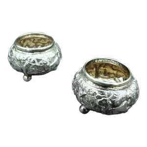 Vintage South East Asia Silver Tiger. Birds & Buck Jungle Repousse Open Salt Cellars- Set of 2