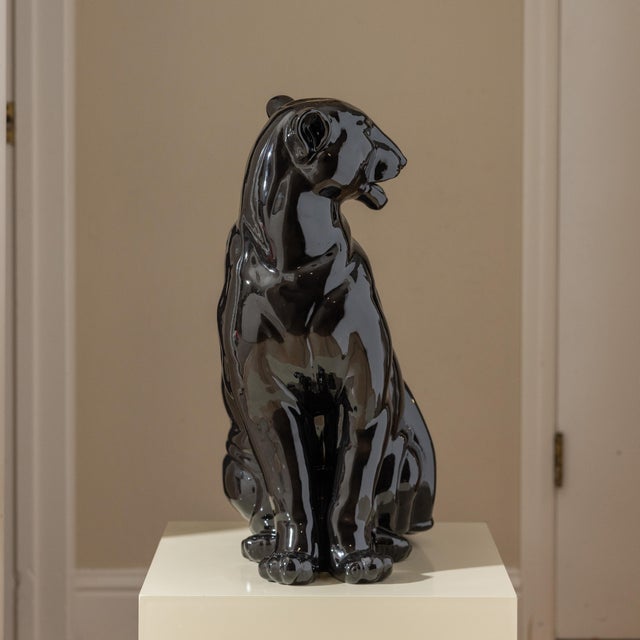1970s Vintage Large Black Glazed Ceramic Panther Sculpture 22" For Sale - Image 5 of 15