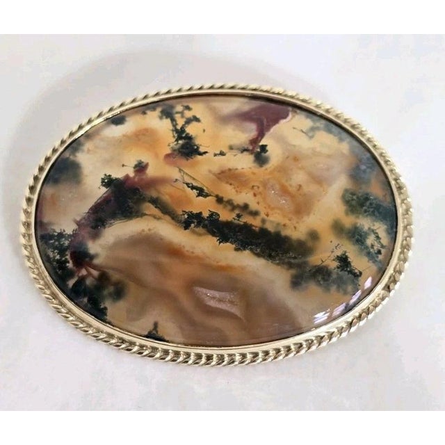 Vintage 9ct Yellow Gold Moss Agate Brooch, Sheffield, 1989 For Sale - Image 15 of 18