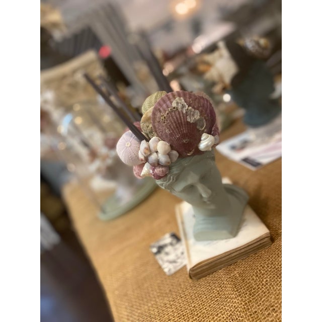 Shell-Encrusted Bust in Farrow & Ball “Blue Gray” With Candle Holders For Sale - Image 12 of 12