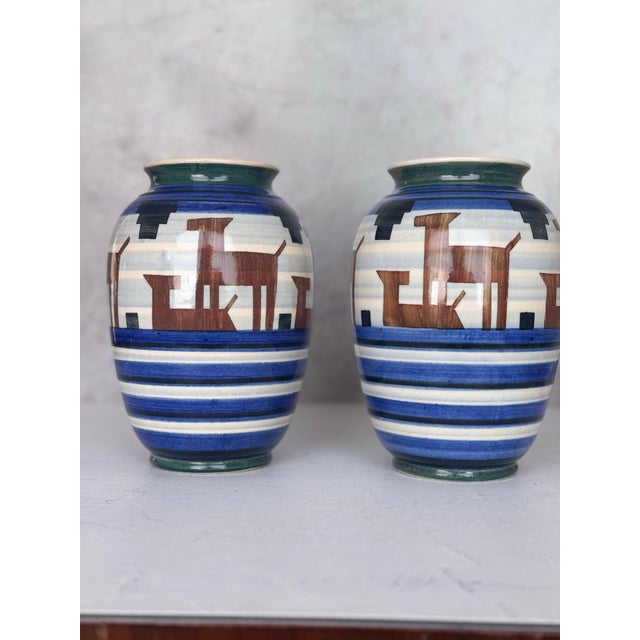 1930s Bunzlau Art Deco Gazelle Vases, Pair — Hand-Painted Stoneware, Made in Germany For Sale - Image 11 of 12