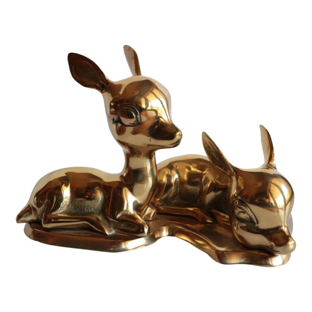 Solid Brass Baby Deer Figurines on Base For Sale