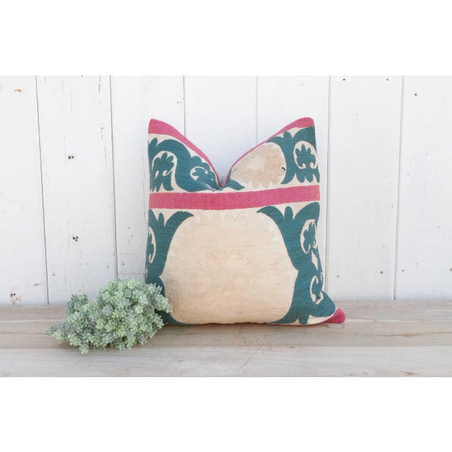Teal Peshwai Vintage Suzani Pillow For Sale - Image 8 of 9