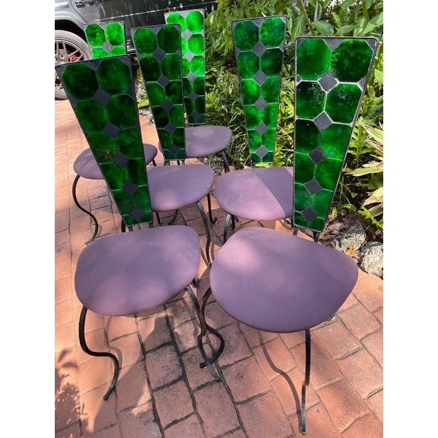 Metal Six 1960’s Brutalist High Back Dining Room, Chairs W/ Tile Inlai For Sale - Image 7 of 9