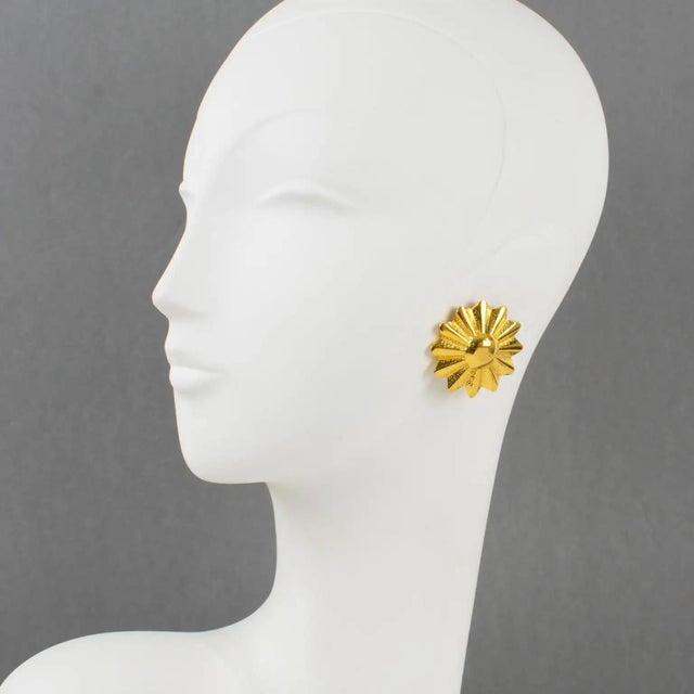 Contemporary Carven Gilt Metal Clip Earrings Carved Sun For Sale - Image 3 of 7