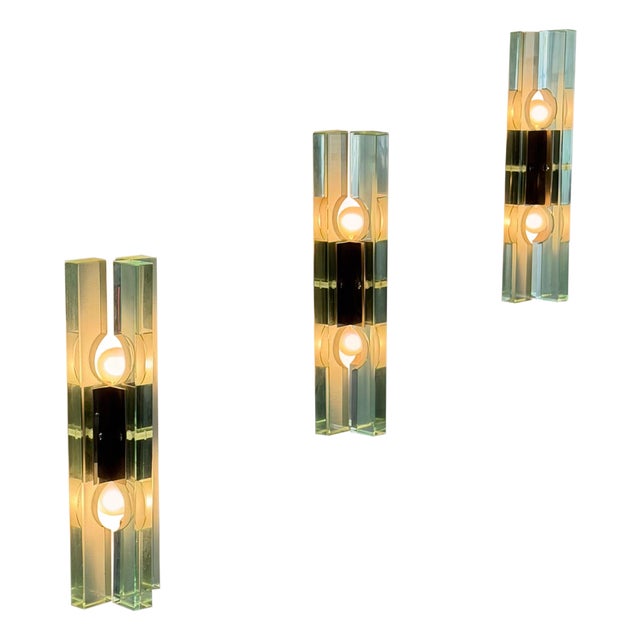 Triple Glass Wall Sconces in Thick Structural Glass from Gallotti & Radice, 1970s, Set of 3 For Sale
