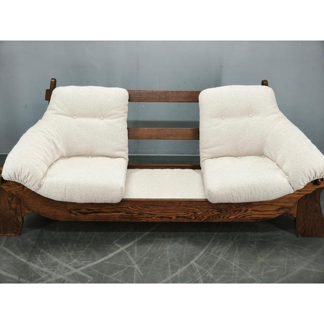 Brown Brutalist Oak and Bouclé 3-Seater Sofa, Former Czechoslovakia, 1970s For Sale - Image 8 of 17