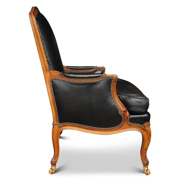 1970s Louis XV French Black Leather Bergere Armchair with Brass Stud Detailing For Sale - Image 5 of 6