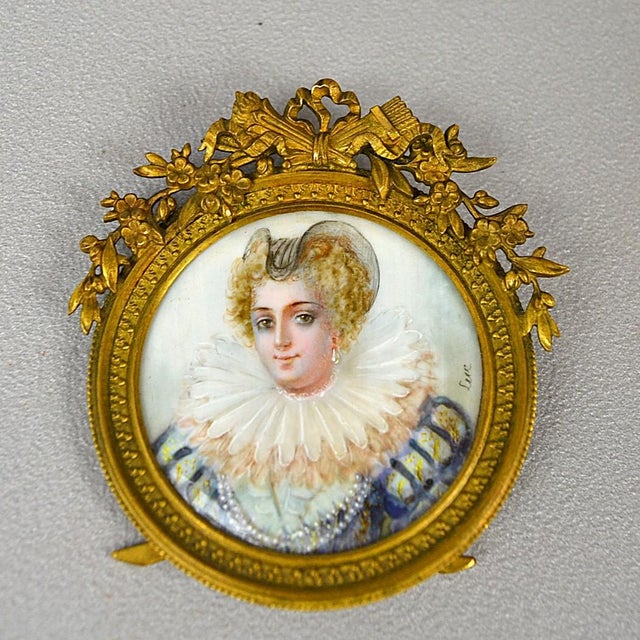 Hand-painted miniature portrait of a lady in Renaissance costume, likely Queen Marie de' Medici, signed Luc. Executed with...