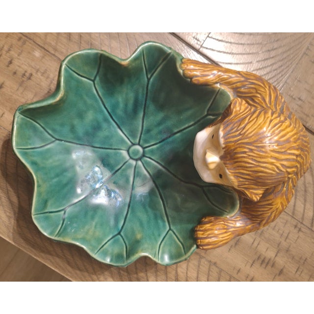 Chinoiserie Mid-Century Majolica Style Ceramic Monkey Leaf Centerpiece Bowl For Sale - Image 3 of 6