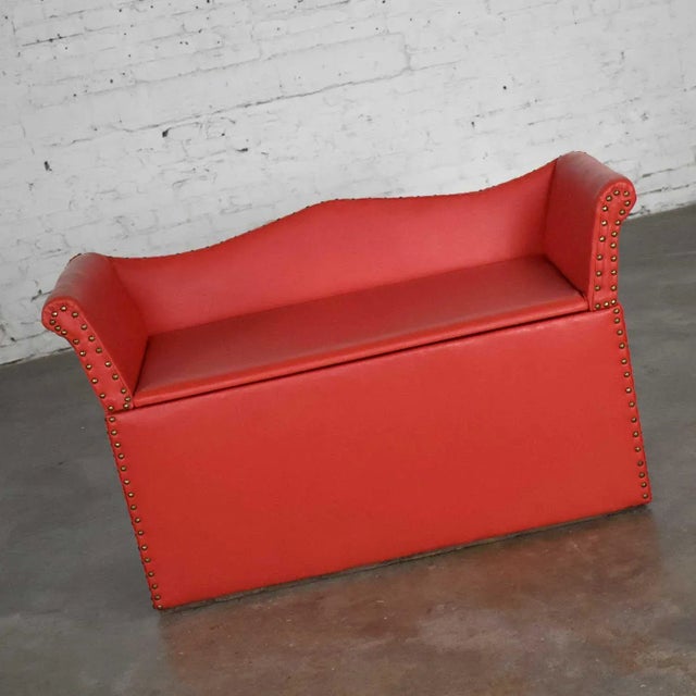 Vintage Coral Vinyl Faux Leather Cedar Lined Storage Bench Settee With Nail Head Detail For Sale - Image 4 of 13
