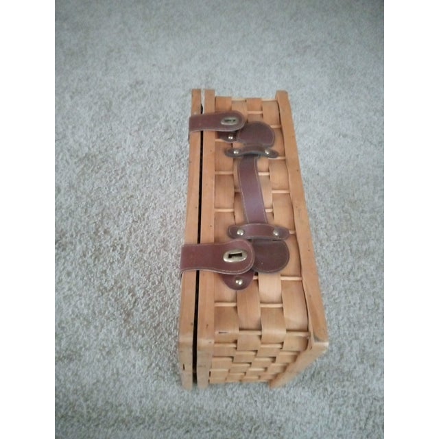 American 1980s Pre Owned Woven Wicker & Pine Wood Leather Strap Picnic Basket For Sale - Image 3 of 8