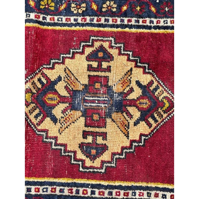 Pretty mid century Turkish Yastik rug with beautiful geometrical design and nice colours with a red, yellow, orange , navy...