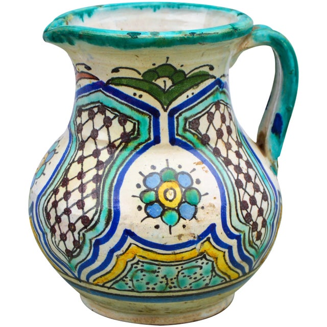 Moroccan Early 20th Century Polychrome Andalusian Ceramic Pitcher For Sale - Image 3 of 12