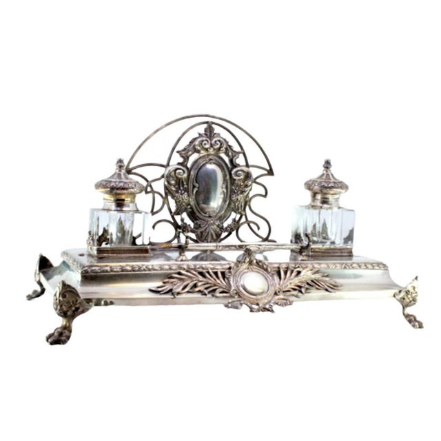 Metal Relief Silver and Glass Inkwell with Monogram Cards, Frieze and Claw-Shaped Feet with Wooden Base For Sale - Image 7 of 7