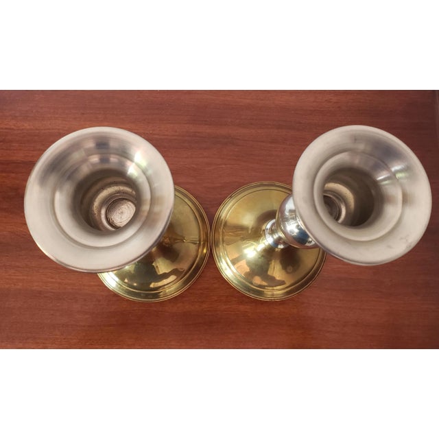1960s 1960s Weighted Web Pewter Silver & Brass Candle Holders- a Pair For Sale - Image 5 of 7