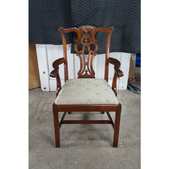 6 Late 20th Century Maitland Smith Chippendale Pierced Mahogany Dining Side Arm Chairs Silk Seats For Sale - Image 11 of 18