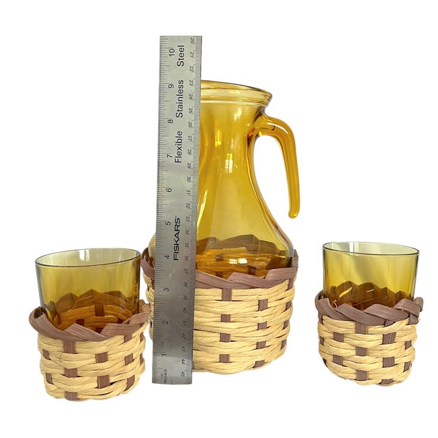Vintage Amber Glass Pitcher & Six Tumblers With Woven Wicker Sleeves, Set of 7 For Sale - Image 9 of 9