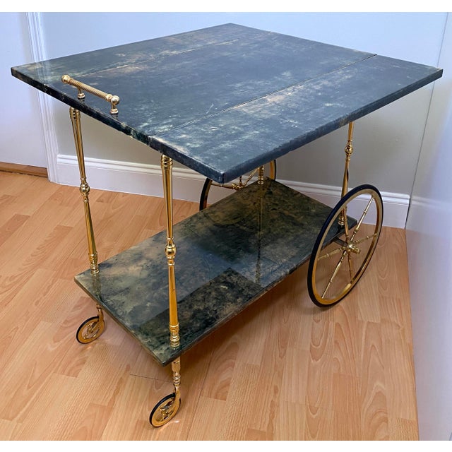 Mid 20th Century Aldo Tura Green Lacquered Goatskin Bar Cart, Brass Two-Tier Folding Drinks Trolley, Italy 1960s For Sale - Image 5 of 17