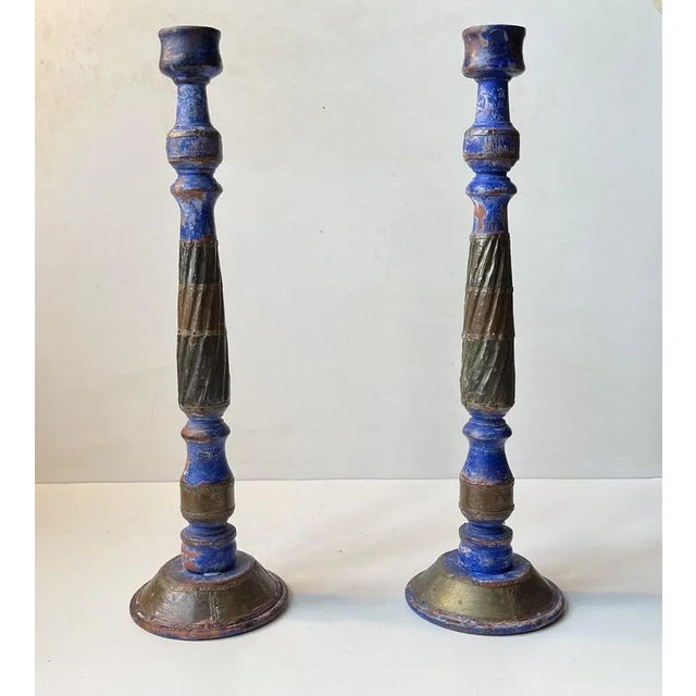 Wood Vintage Rustic Candleholders in Painted Wood, 1970s, Set of 2 For Sale - Image 7 of 7