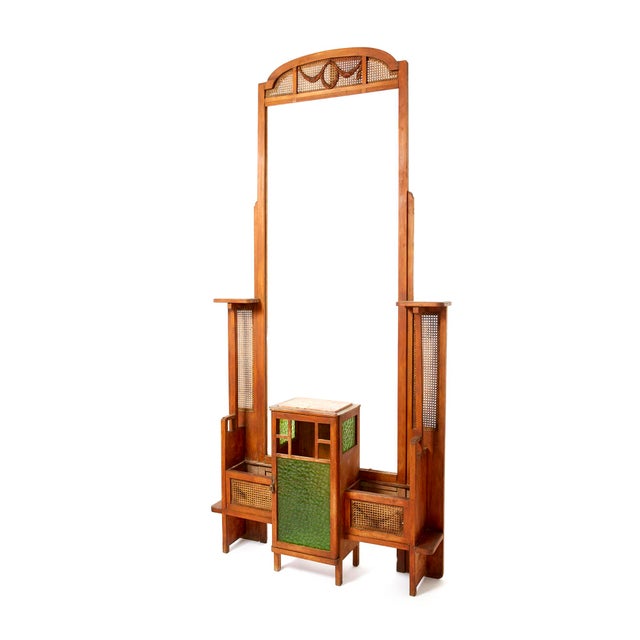 Liberty planter in painted beech wood, red Verona marble, and green cathedral glass; it has a brass handle, Vienna straw...